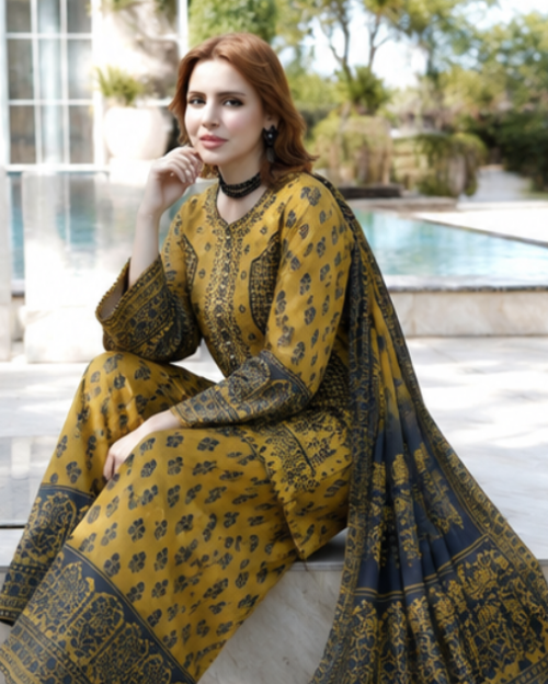 Golden Olive Embroidered 3-Piece Suit