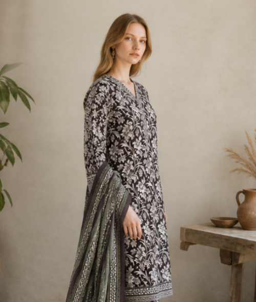 Monochrome Botanical Printed 3-Piece Suit