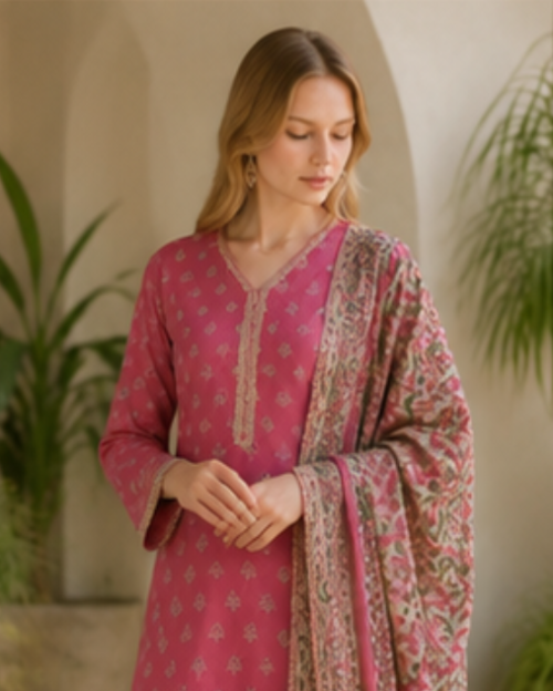 Pink Lawn Printed 3-Piece Suit